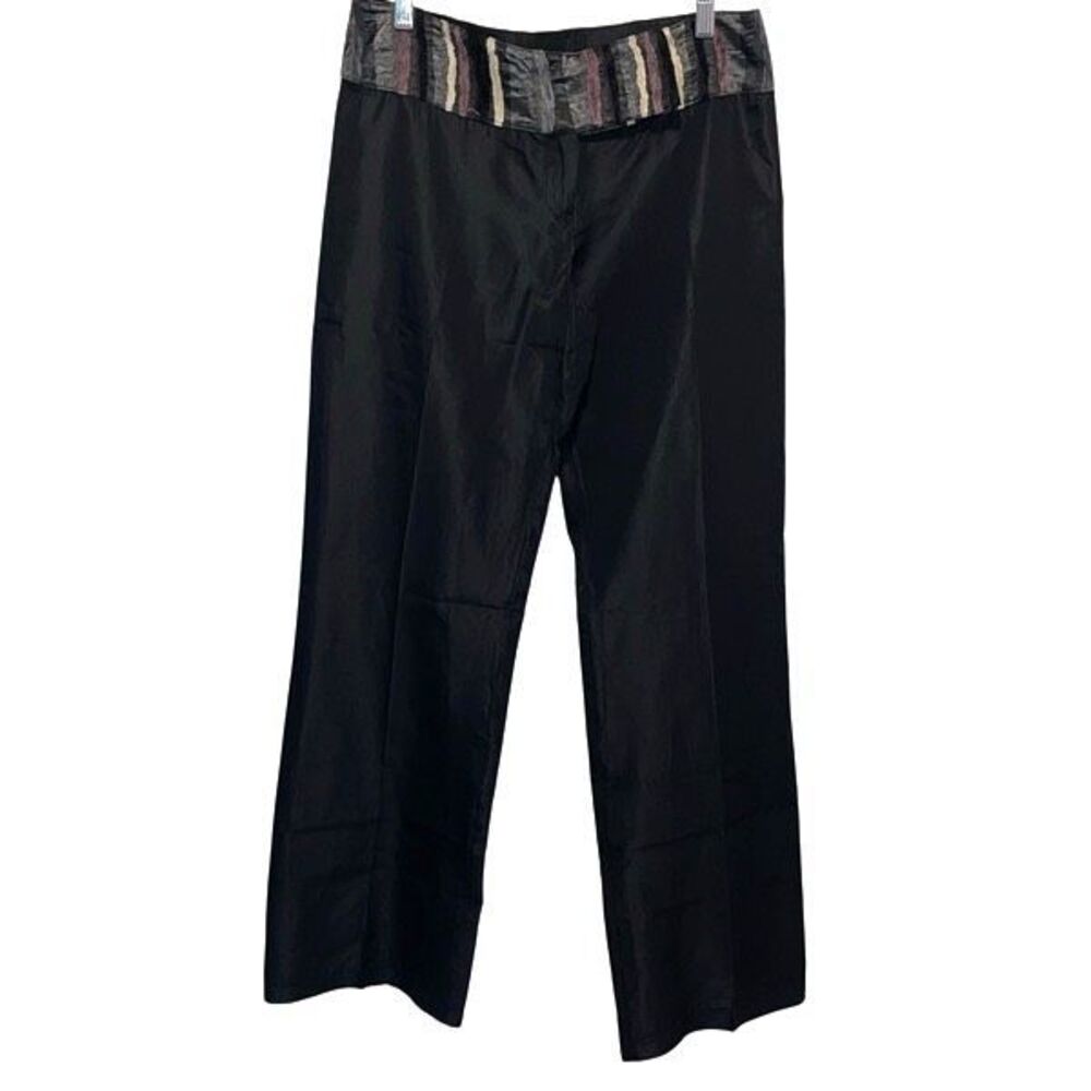 Eiki Womens‎ Italian Flat Front Striped Waist Mid-Rise Trouser Pants Black Large